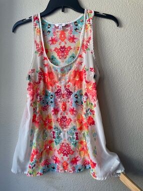 Y2K Size S Candie's White Semi- Sheer Racerback Tank Top w/ Floral & Sequins